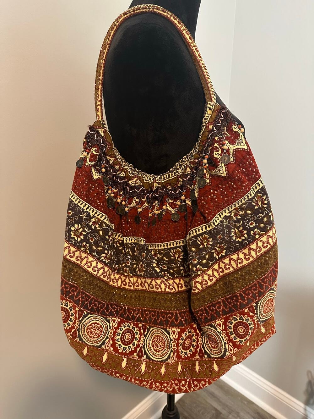 Boho Corduroy Hobo Bag Beaded Coin Charm Paisley Patchwork Shoulder Purse Earthy
